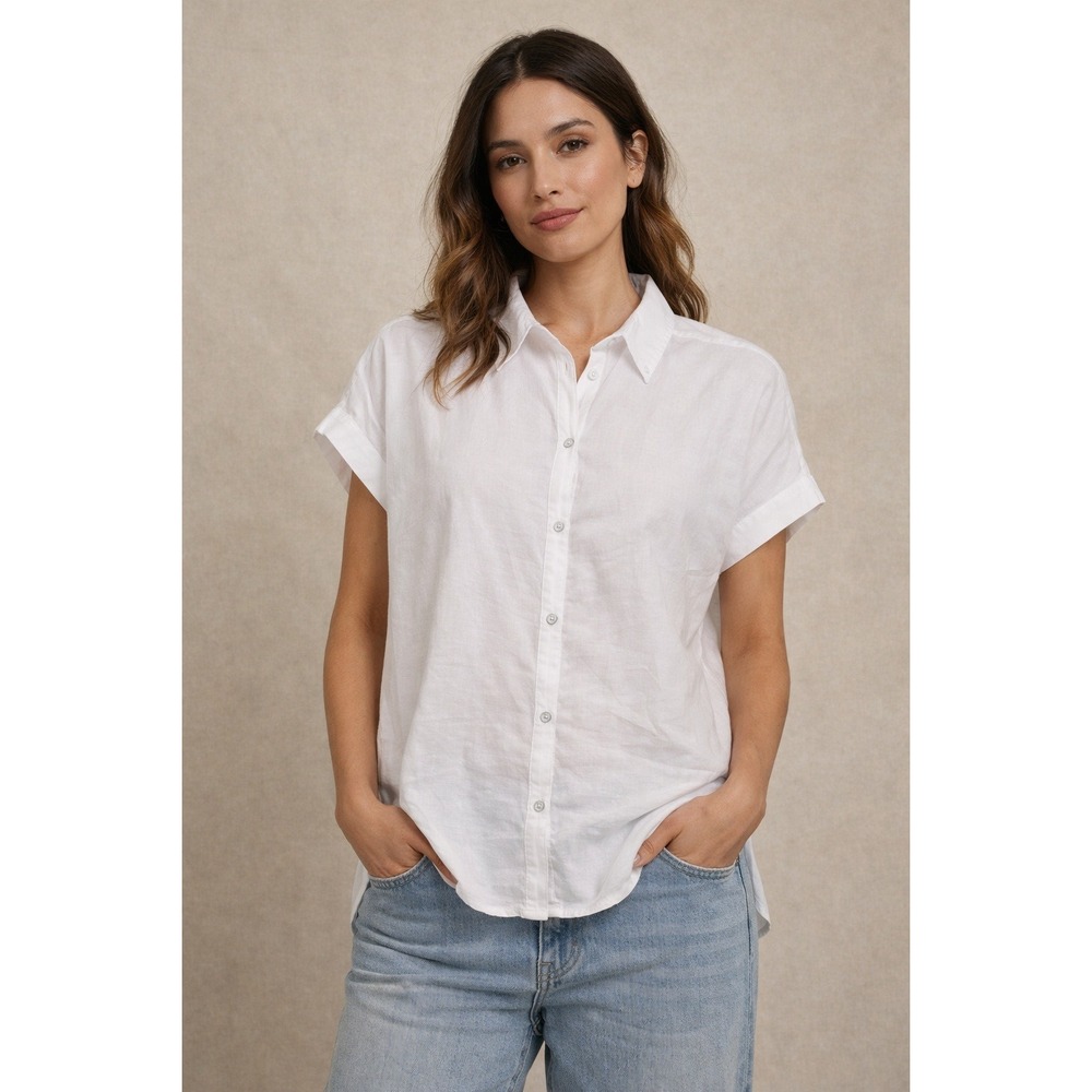 Splendid Womens White Cotton Rayon Button Down Short Sleeve Shirt RW3W34M Large